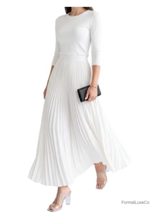 Dresses & Skirts - Women's Pleated Maxi Skirt A-Line Ankle-Length Flowy Stretch Pull-On